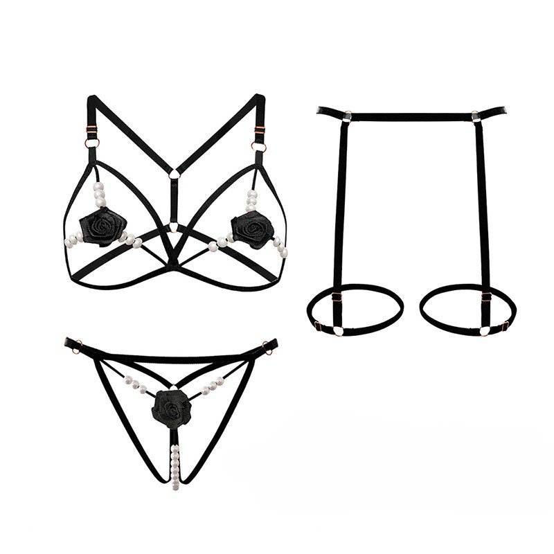 Embroidered&Strappy Lace Garter Lingerie Set