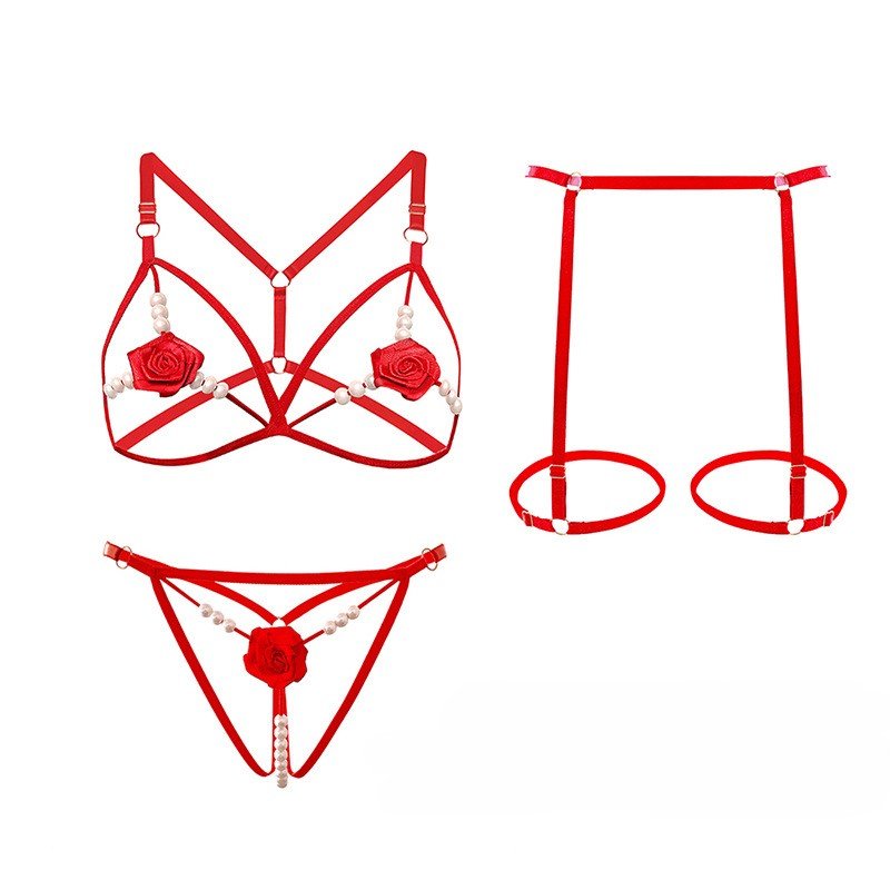 Embroidered&Strappy Lace Garter Lingerie Set