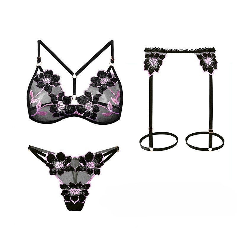 Embroidered&Strappy Lace Garter Lingerie Set