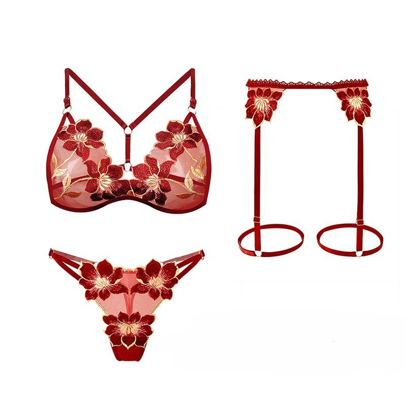 Embroidered&Strappy Lace Garter Lingerie Set